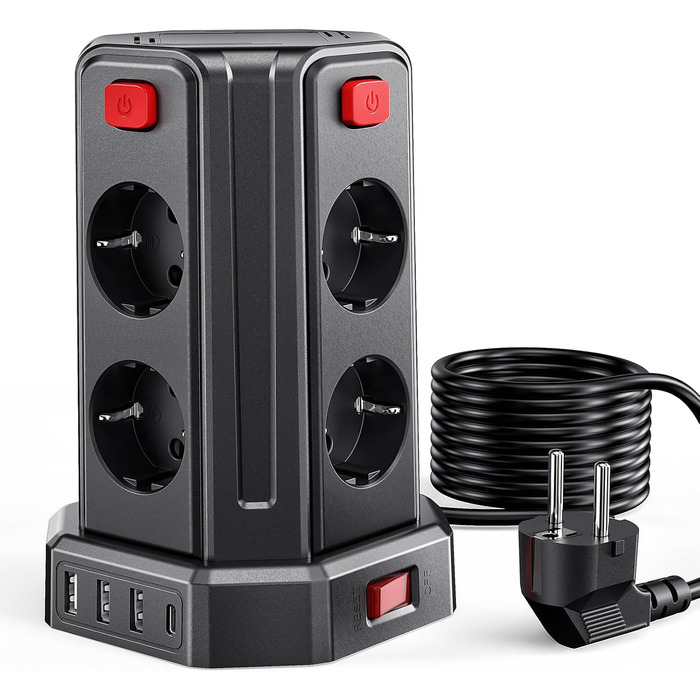 Мережевий фільтр Sameriver з 4 USB, 8 розеток, захистом від перенапруги, вимикачем та 2м кабелем, чорний