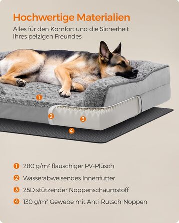 Ортопедичне собаче ліжко Feandrea для великих собак, вологостійке, знімний плюшевий чохол, 122 x 85 x 16 см, сірий (XXL)
