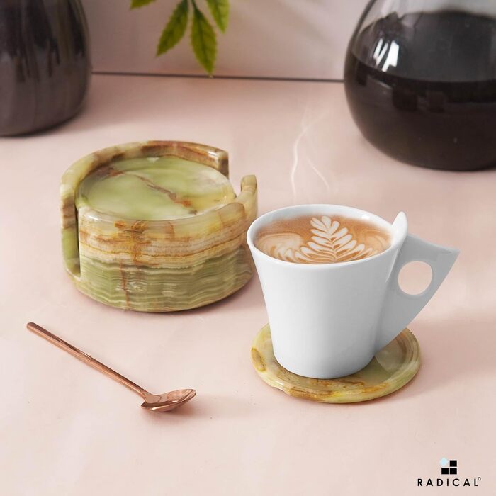Radical Undercoasters for Drinks, Marble, 8.9 cm, Handmade, for Cups and Glasses, Coaster Set for Kitchen, Car, Office, White, 6-Piece Set (Green Onyx)