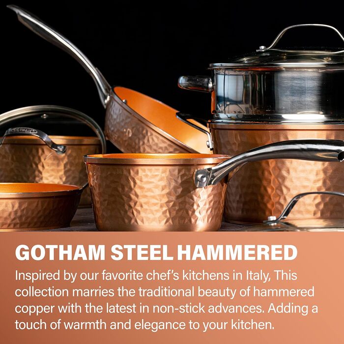 Набір кухонного та десертного посуду Gotham Steel Hammered Copper Collection (15 предметів) з антипригарним покриттям, алюмінієвий. Включає сковорідки (набір з 5 сковорідок)