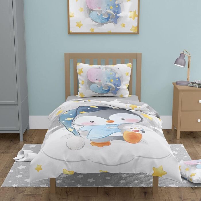 Дитяча постільна білизна CLEAVEN 100x135 см | 100% бавовна, м'яка та дихаюча | Для комфортного сну | Змінний малюнок пінгвіна | CLEAVEN Pinguin 006