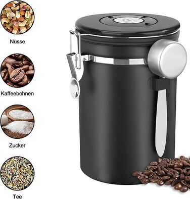 Герметична кавова банка з нержавіючої сталі, 1,8 л. З мірною ложкою та індикатором дати. Для кави, чаю, горіхів, какао. Зберігає свіжість надовго. Білий (Чорний) колір