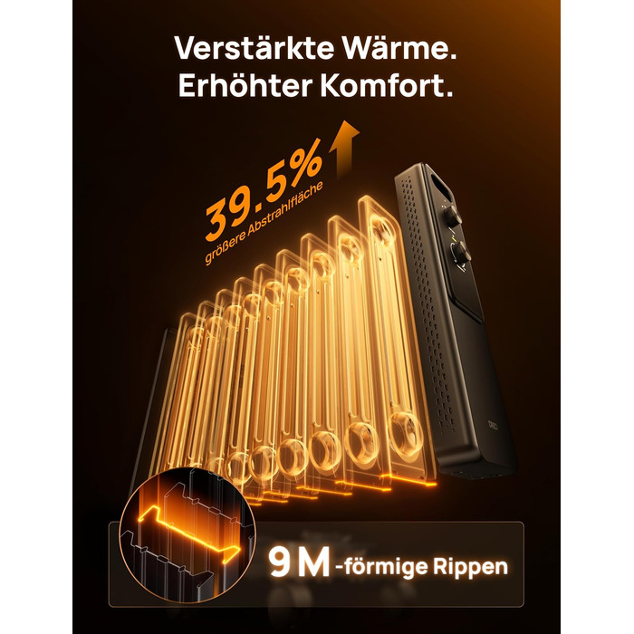 Електричний масляний радіатор Dreo з 9 ребрами, 2000W, тихий, з захистом від перегріву та перекидання, термостат, дитячий замок, енергозберігаючий