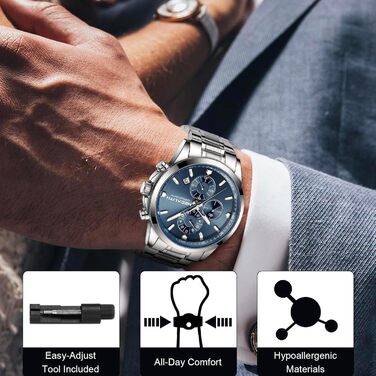 Чоловічий годинник MEGALITH з нержавіючої сталі, хронограф, водостійкий, аналоговий годинник для бізнесу, з календарем та підсвічуванням (B-silber-an)