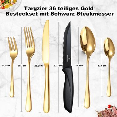 Набір столових приборів на 6 осіб, Targzier, 36 предметів, нержавіюча сталь, з ножем для стейку, високоякісний столовий прибор, ложки, виделки, ножі для сім'ї/вечірки/готелю, чорний, придатний для миття в посудомийній машині, 36 предметів, золотий прибор 