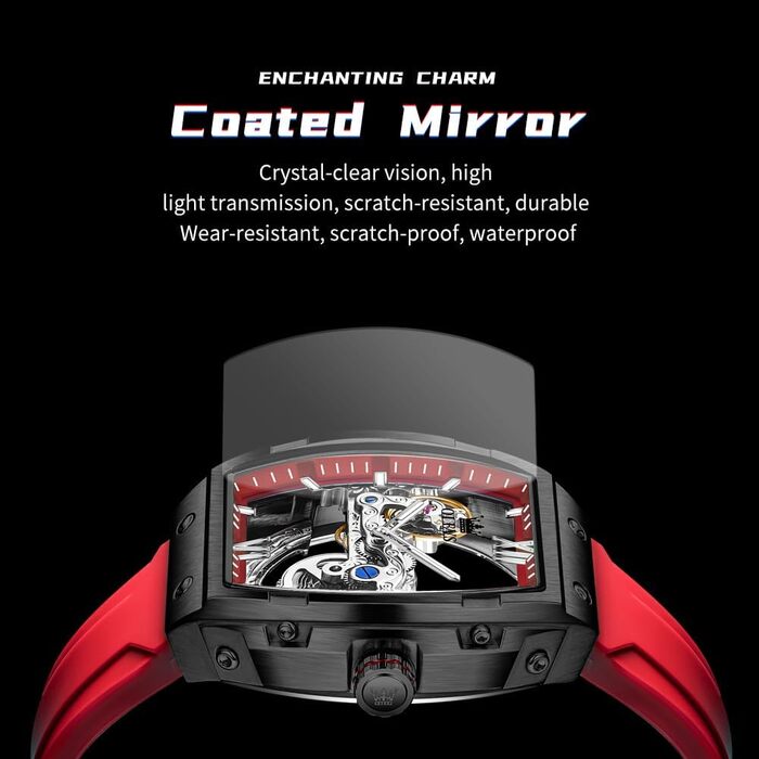 Чоловічий скелетонний годинник OLEVS автоматичний, розкішний годинник зі сталі з великим циферблатом, календарем та підсвіткою, водонепроникний (Колір: Червоний)