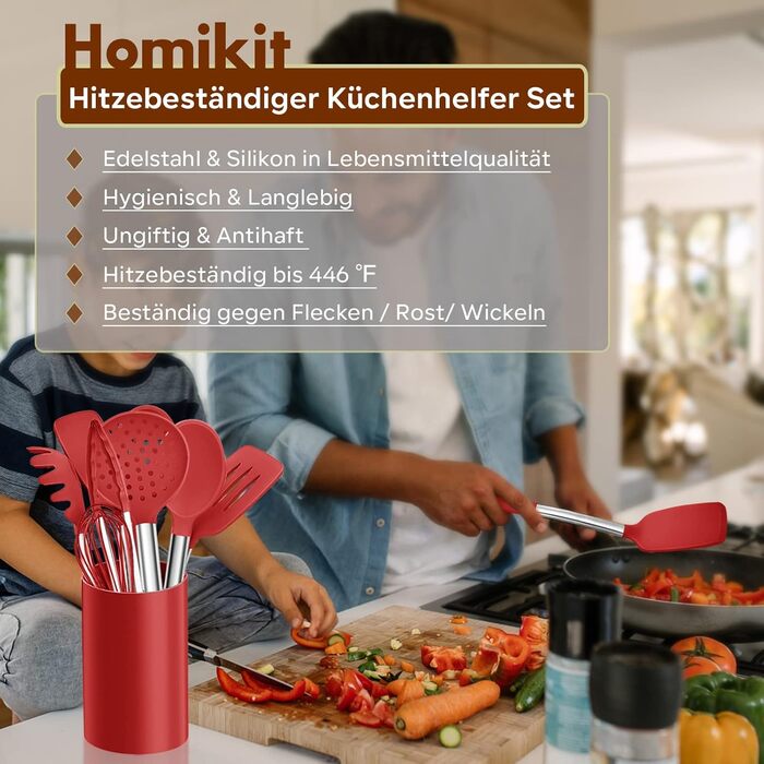 Набір кухонного приладдя Homikit 10 шт. силіконове з нержавіючої сталі, червоний - антипригарне, жаростійке, для посудомийної машини