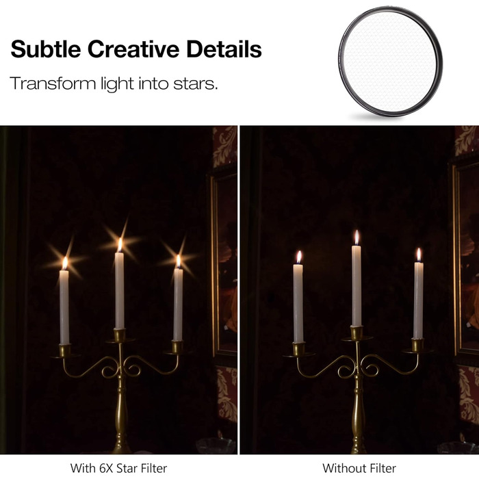 Зоряний фільтр 6-пелюстковий, 77 мм, регульований, зірка, оптичне скло, для фотографії