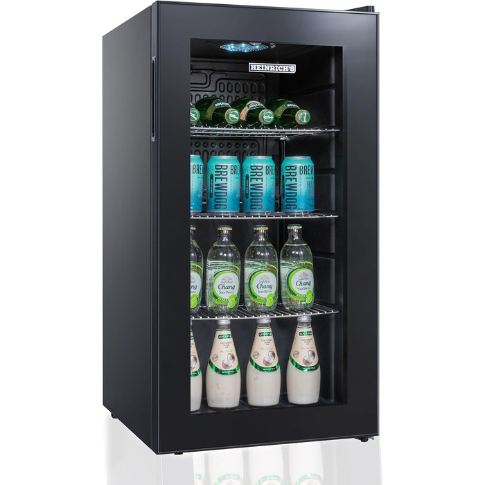 Міні-холодильник Heinrich з скляною дверцятами: компактний, тихий (40dB), LED-підсвічування, для офісу, кемпінгу, саду, об'єм 88 літрів, 3 полиці