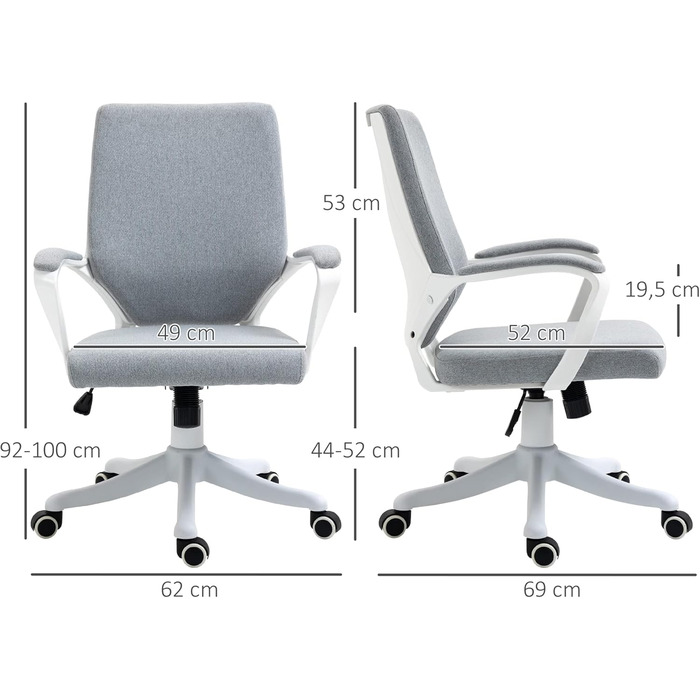 Офісний стіл Vinsetto: ергономічний крісло з підлокітниками, регульованою висотою та функцією гойдання, з тканини під льон, з м'яким сидінням, сірий та білий