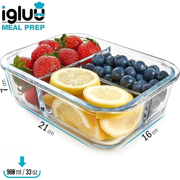 Набір контейнерів для їжі Igluu Meal Prep (3 шт.) – 980 мл, з 3 відділеннями, з боросилікатного скла, BPA-free, підходить для мікрохвильовки, духовки, морозильної камери та мийки посуду, витікання неможливе