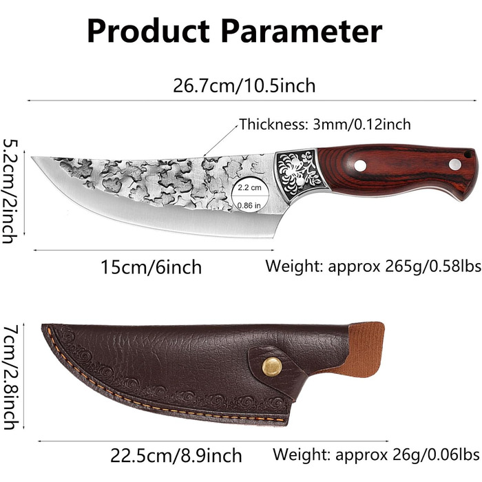 Японський ніж для обвалювання Doklasu 15 см з високоякісної сталі 5Cr15MoV з червоним дерев'яним руків'ям та піхвою