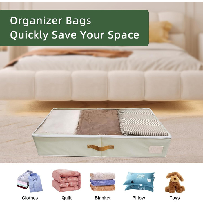 Коробки для зберігання під ліжком, 2 шт. з підставкою по периметру, з кришкою для постільної білизни та одягу (без нижньої підставки), бежеві