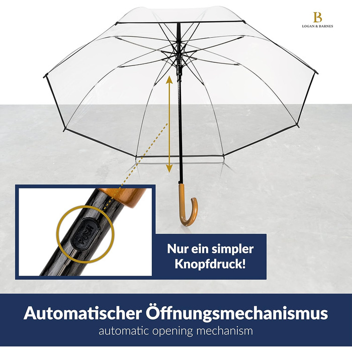 Logan & Barnes Transparent Wedding Umbrella with Real Wood Handle - 120cm Large Umbrella for 2 People - Cardiff XL Model - 120cm Transparent Umbrella with Black Trim