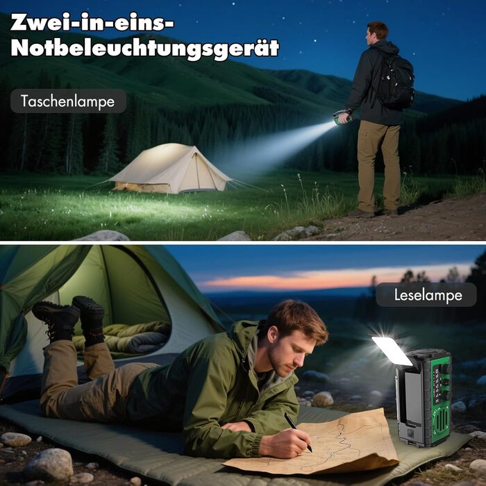 Сонячне радіо 20000mAh з ручним генератором, AM/FM, LED ліхтарик, SOS-сигнал, IPX6, для кемпінгу та подорожей (зелене)