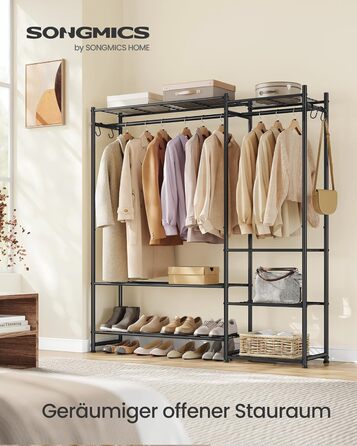 SONGMICS Стійка для одягу, відкритий шафа, вішалка для одягу з 10 полицями, 3 перекладинами, 4 гачками, металевий каркас, для спальні, вітальні, передпокою, чорний LGR011BZ01 (124,8B см)