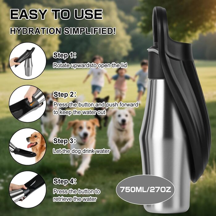 Водяна пляшка для собак на прогулянці: не протікає, з нержавіючої сталі, 750 мл (Чорний)