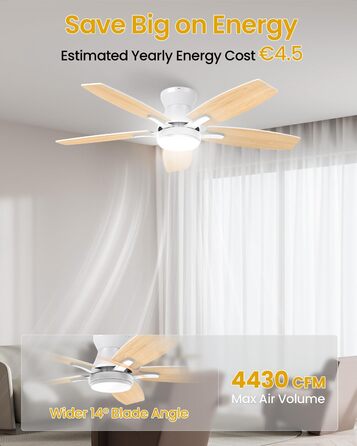 106 см стельовий вентилятор з підсвічуванням та двосторонніми лопатями, тихий вентилятор з LED-лампою та пультом дистанційного керування для спальні/вітальні, DC мотор, колір - світле дерево