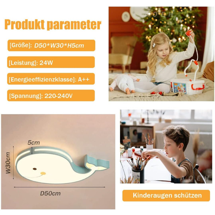 LED Ceiling Lamp Dolphin Shape, Dimmable with Remote Control, Boy Girl Baby Kids Children's Room Lamps Ceiling, Children's Room, Bedroom Lamp, Room Lighting Chandelier, White, 50cm (Green, 50)