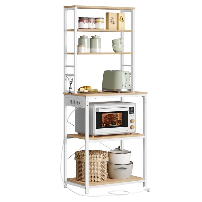 Стелаж кухонний VASAGLE з розетками, 6 полиць, гачки, сталевий каркас, 40x60x167 см, золотий дуб + білий, KKS124Y01 60B