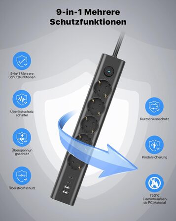 Мережевий фільтр Steckdose 8 в 1 з USB, 3680W, з вимикачем, 16A, 2 USB-C, для смартфонів, ноутбуків, iPad, 1.8M кабель, білий (чорний 5AC)