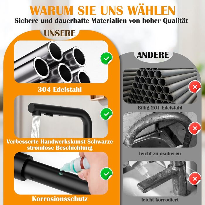 Змішувач кухонний водяний чорний, висувний з душем, 360° поворотний, 2 режими розпилення, для кухні, нержавіюча сталь