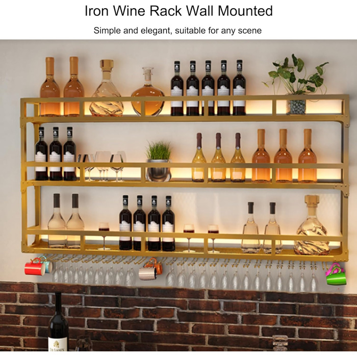 Настінна вітрина для вина з металу з підсвічуванням, 3 яруси, 100 см, чорний/золотий