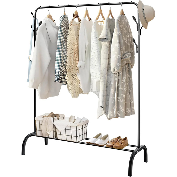 Стійка для одягу на підлозі, чорна, з полицею для взуття та нижньою полицею, металева, для спальні