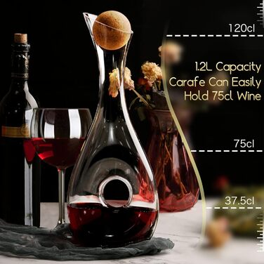 NUTRIUPS Crystal Glass Wine Carafe, 1.2L Wine Decanter, Red Wine Decanter for 375ml & Cork Closure Wine Decanter, Handmade, Drip-Free