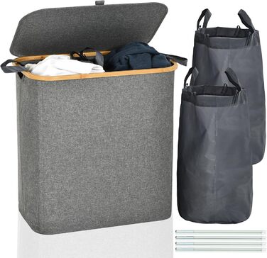 ROSOS Laundry Basket with Lid, 145L Foldable Laundry Basket with 2 Compartments and Removable Laundry Bag, Laundry Collector with Lid & Bamboo Handle, Waterproof Laundry Box with Lid, Grey