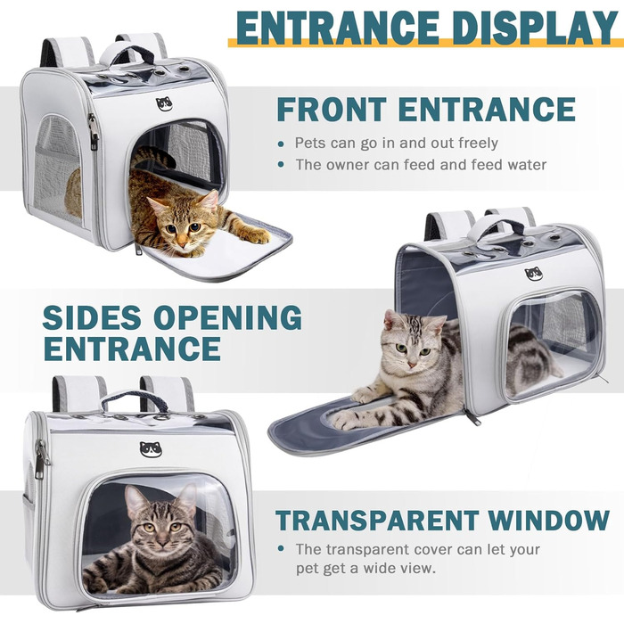 Рюкзак для кота з вікном, переноска для котів та маленьких собак (до 8 кг), сірий, дихаючий, складаний