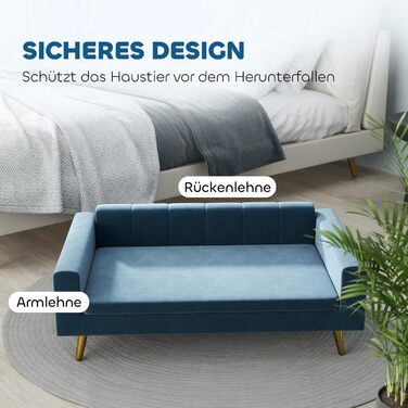 PawHut Софа для собак, лежанка для собак, м'яка з велюру, 94 x 59,5 x 31,5 см, скандинавський дизайн, на ніжках, з подушкою, нержавіюча сталь, блакитна