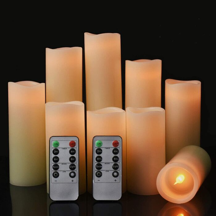 LED Candles, Set of 9 Flameless Candles, Battery-Powered Candles Flicker, D5.5cm x H10/12.5/15/17.5/20/22.8cm, Real Wax Pillar Candles with Remote Control and 24-Hour Timer Function (Ivory)