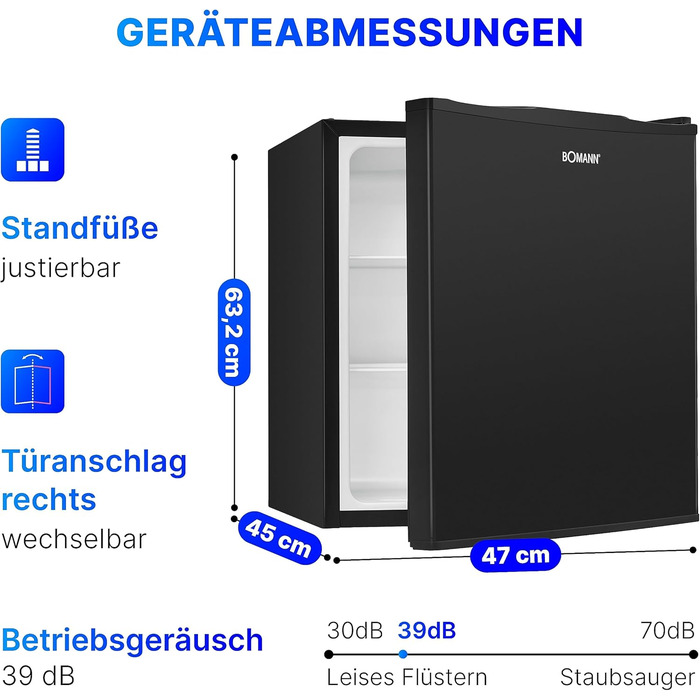 Міні-холодильник Bomann 58 л з 2 скляними полицями, регулювання температури, чорний (KB 7347, 2023)