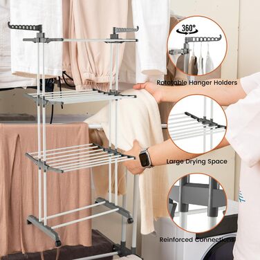 Сушарка для білизни HOMASIS з 4 рівнями, розкладна, на коліщатках та з боковими крилами, 127x63x171 см, сіра