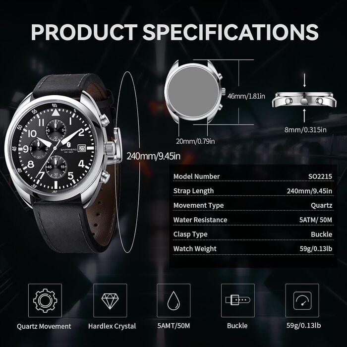 Годинник чоловічий SAPPHERO кварцові з шкіряним ремінцем. Класичний бізнес-годинник для чоловіків, водонепроникність 50 метрів, арабські цифри, хронограф (срібно-чорний)