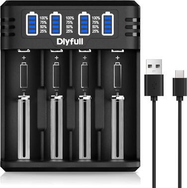 Зарядний пристрій Dlyfull для акумуляторів 18650, 4 слоти, USB-C, LED дисплей, швидка зарядка, сумісний з 18650, 21700, 17500, 16340, 26650, AA, AAA, C, 3.7V Li-Ion та 1.2V NI-MH/NI-CD
