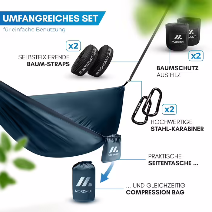 Ultralight Hammock Outdoor [with Mounting Set] Camping Hammock including Tree Protection Set for Camping, Outdoor and Garden - Max. Load Capacity 300 kg (140x275cm, Blue)