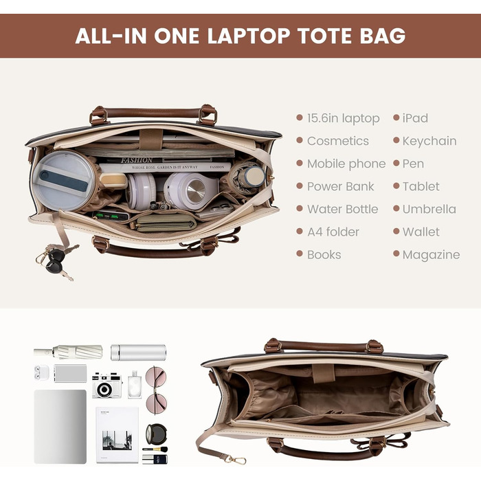 LOVEVOOK Сумка для ноутбука 15.6 дюймів, жіноча, для роботи, шкіряна, велика, універсальна, сумка-шоппер, для офісу, школи, діловий стиль, бежево-чорний-коричневий