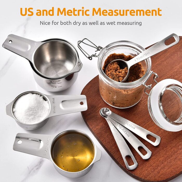 U-Taste Measuring Cups and Spoons with Scale, 15 Piece Set Made of 18/8 Stainless Steel: 7 Cup Beakers & 7 tsp/tbsp Measuring Spoons with 2 D-Rings and 1 Professional Magnetic Conversion Chart (Silver)