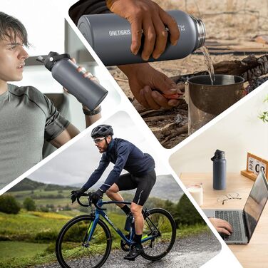 OneTigris Stainless Steel Water Bottle, 0.9L High Capacity, Insulated Sports Bottle for Cycling, Camping, Yoga, Gym, Softair, 32OZ (Gray)