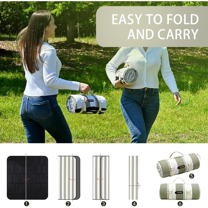 Плед для пікніка HX&OD водонепроникний, 203x203 см, складаний, з ручкою для перенесення, сіро-зелений