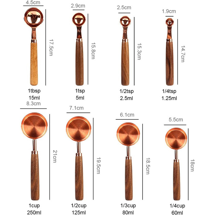 Measuring cups and spoons with wooden handles, 8-piece set, coffee bartender scale, kitchen accessories (Rose Gold)