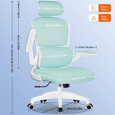 Ергономічне крісло для офісу з регульованою підголівником, поперековою підтримкою та відкидними підлокітниками, крісло для начальника, 150 кг, функція гойдання до 135° (Блакитно-зелений, Модель 2)