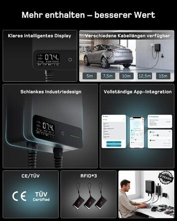 Зарядний пристрій для електромобіля Wallbox 11 кВт з Wi-Fi та кабелем Type 2 7.5м, 3 фази (6-16A, 400V), для BEV/PHEV, захист RCD Type A 30mA/DC 6mA, IP54, чорний