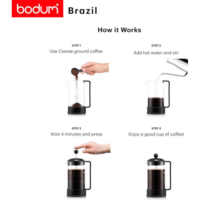 Bodum French Press Brazil - Френч-прес 1л, 8 чашок - з термостійкого скла та нержавіючої сталі, BPA-free, для приготування кави