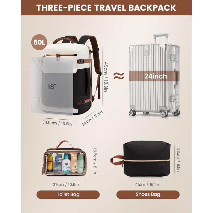 Рюкзак LOVEVOOK для ручної поклажі літака, жіночий, 50L, для подорожей, бізнесу, школи, чорний+бежевий+коричневий