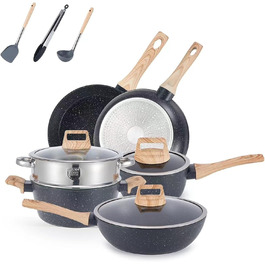 Набір каструль 12 шт. Induktion Kochset: Набір посуду з медичного каменю з кришкою, антипригарне покриття. Ідеально для приготування, смаження та випікання (чорний)