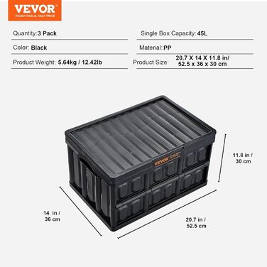 VEVOR 3-Pack 45L Professional Folding Box made of PP, Transport Box with Lid, Foldable Storage Box with Handle, Stackable Crates, Storage Box, Folding Boxes, Stackable Boxes for Storage & Transport