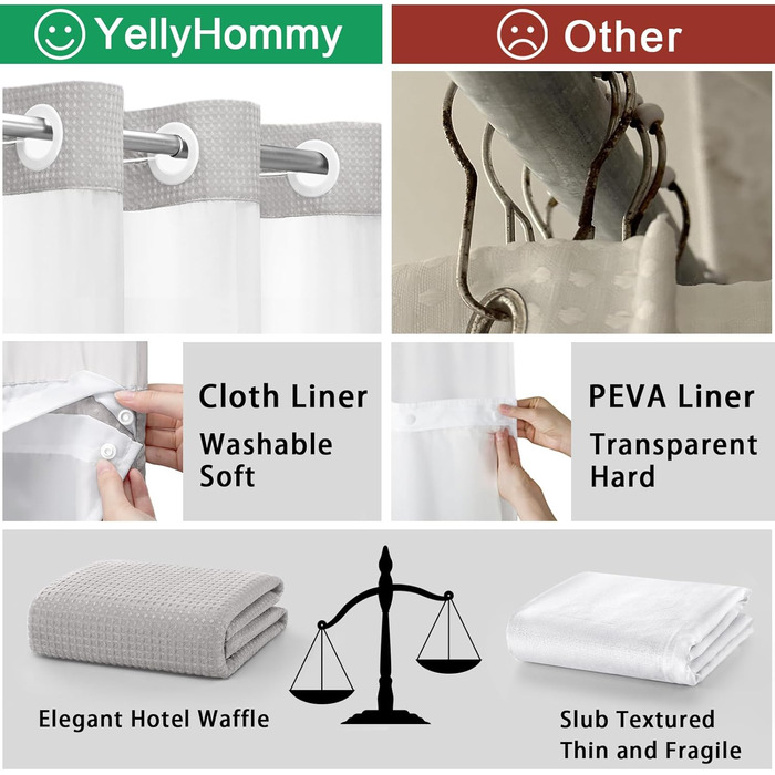 Шторка для душу YellyHommy без кріплень, з фіксатором, для ванної кімнати, 221 x 182,9 см, світло-сіра